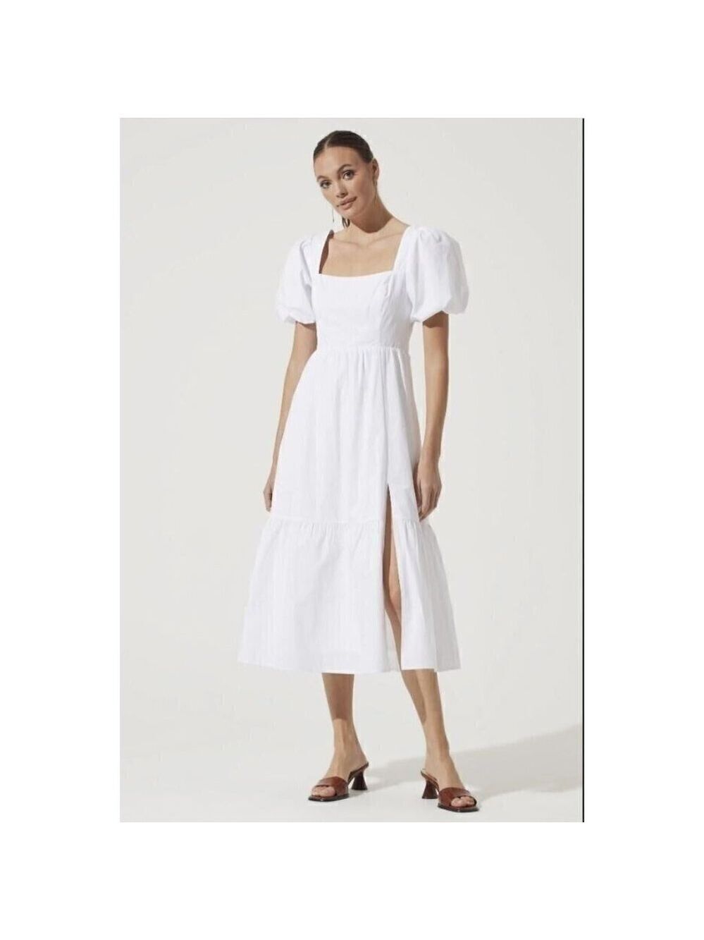 ASTR the Label BNWOT womens white poplin puff sleeve dress sz Medium side slit